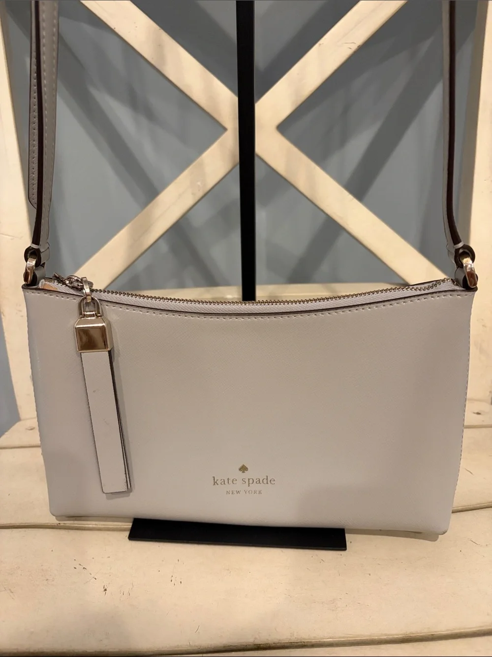 kate spade Sadie Pale Gray Saffiano Crossbody with Gold Hardware